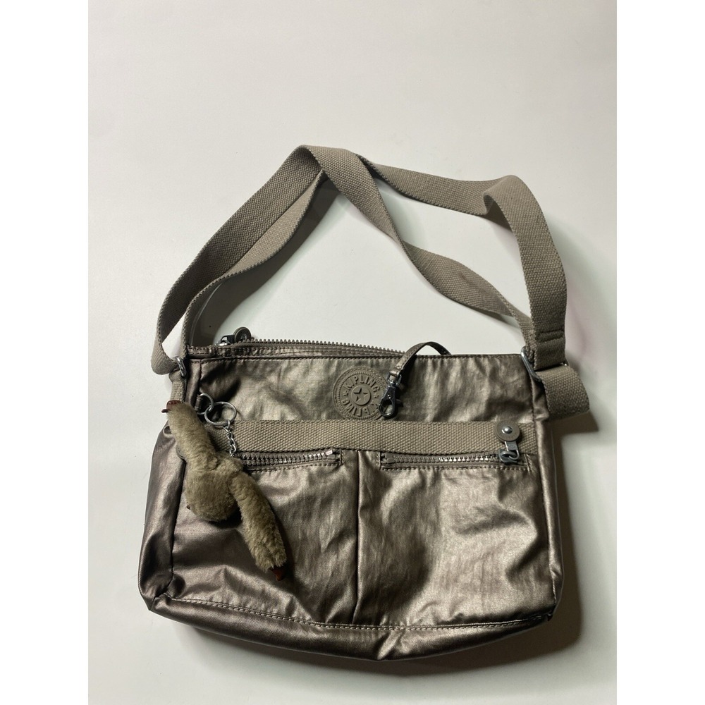 Kipling Metallic Bronze Nylon Crossbody Bag with Monkey Keychain Travel Purse